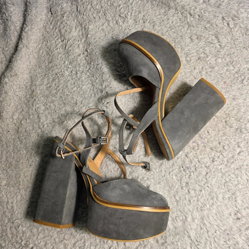 Free People Sundown Platform Heels Grey Suede Ankle Strap Women 38 7-7.5 70s‎